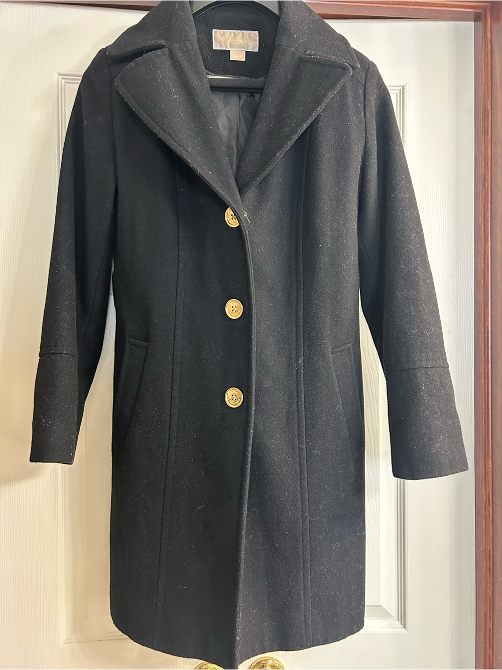 Michael Kors Black Wool Pea Coat with Gold Buttons